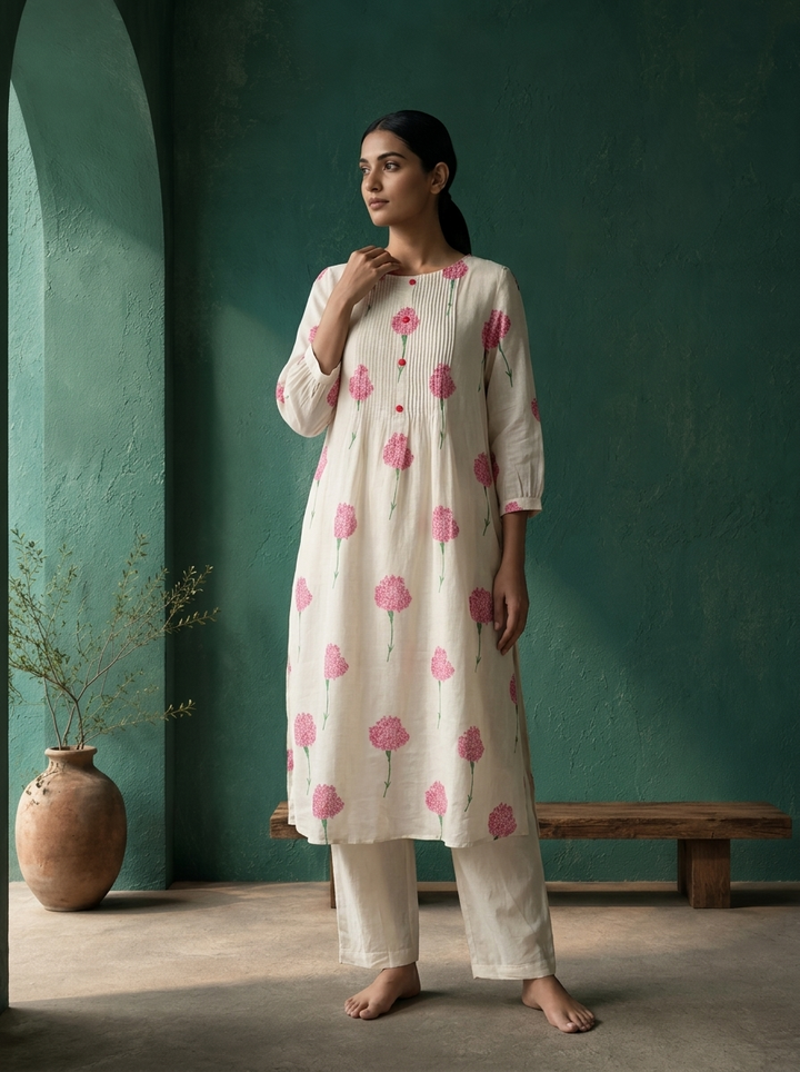 White Cotton Scattered Carnation Printed Two Piece Set