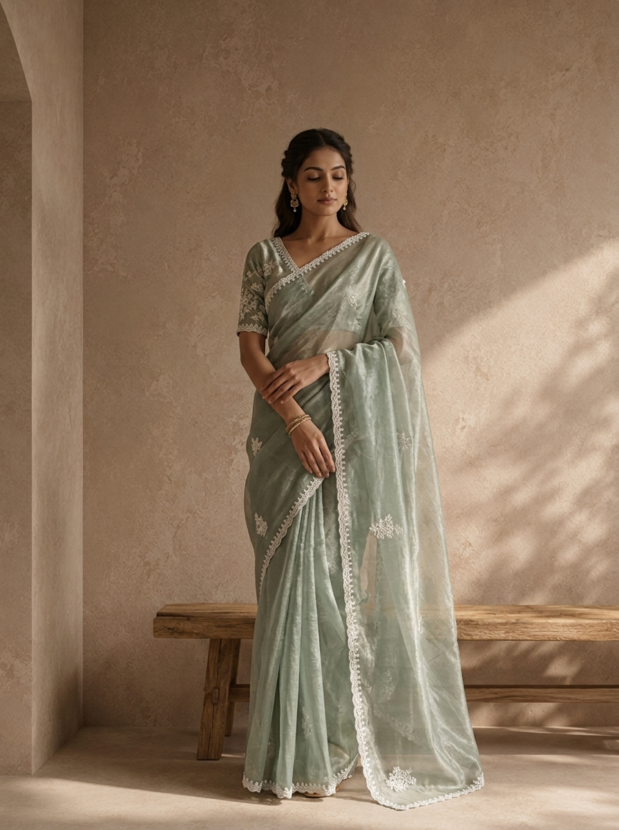 Pista Green Organza Scattered Embroidered Saree With Lace Border