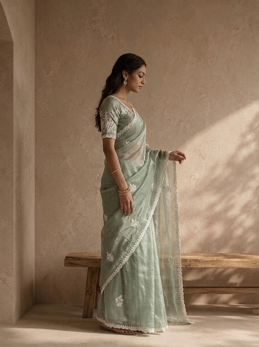 Pista Green Organza Scattered Embroidered Saree With Lace Border