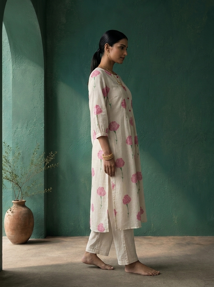 White Cotton Scattered Carnation Printed Two Piece Set