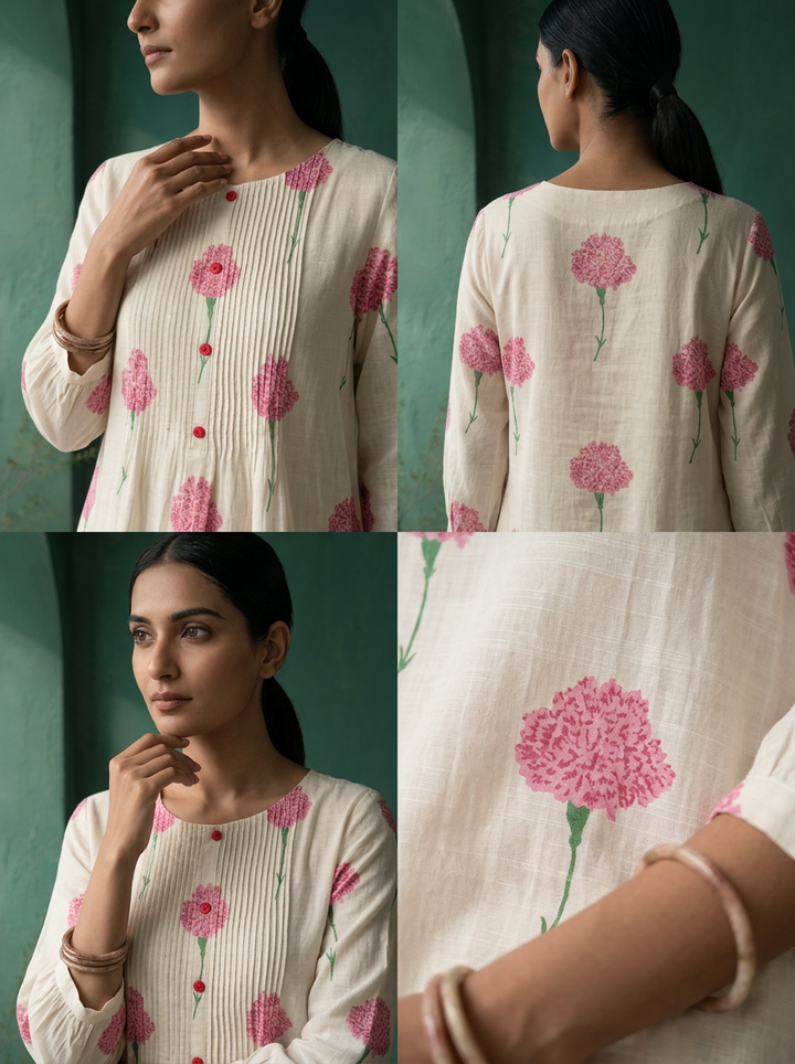 White Cotton Scattered Carnation Printed Two Piece Set