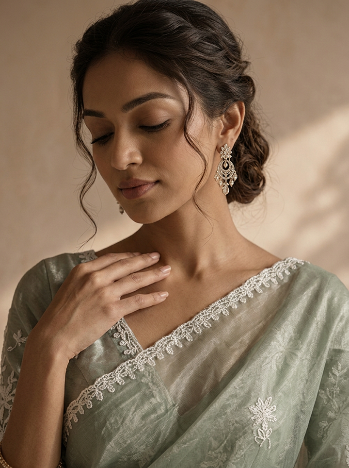 Pista Green Organza Scattered Embroidered Saree With Lace Border