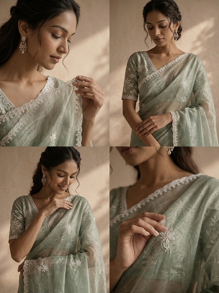 Pista Green Organza Scattered Embroidered Saree With Lace Border