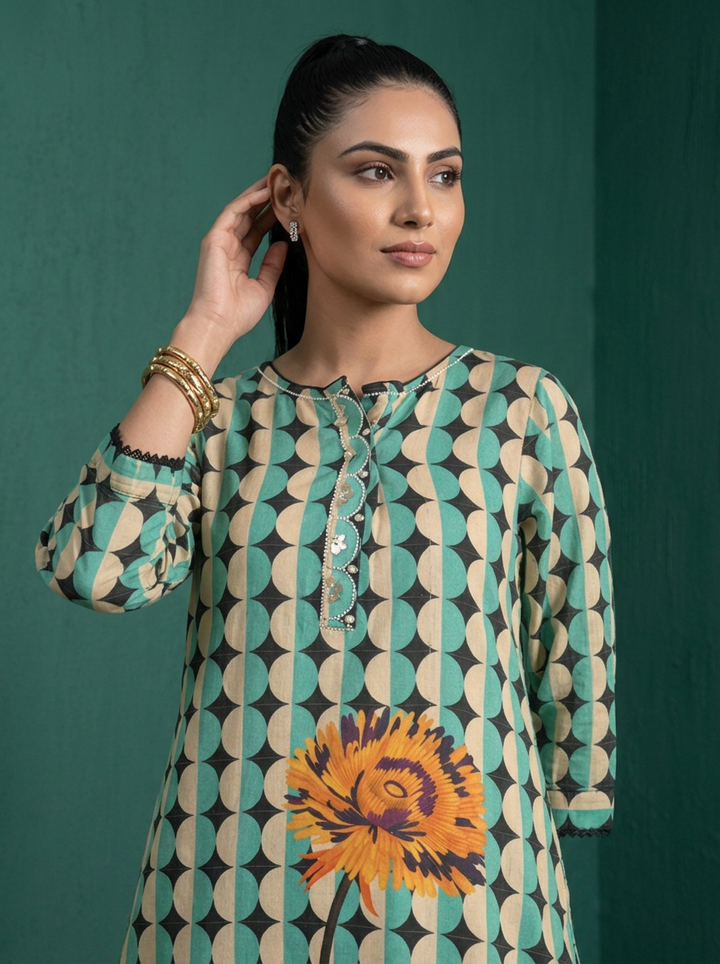 Sea Green Cotton Retro Geometric Printed Two Piece Set