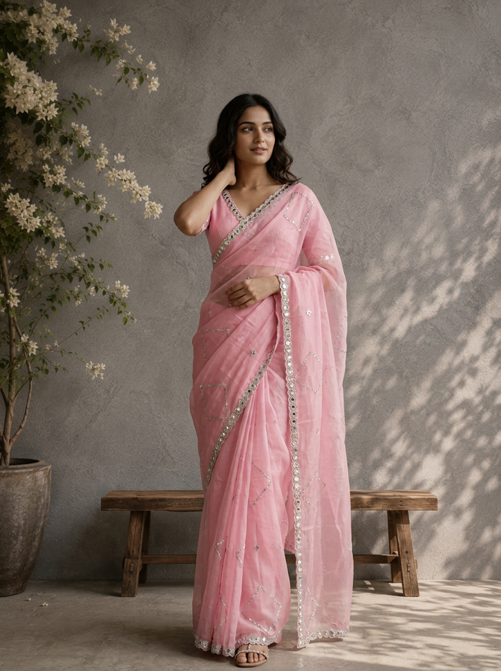 Pink Organza Geometric Jaal Mirror Embroidered Saree