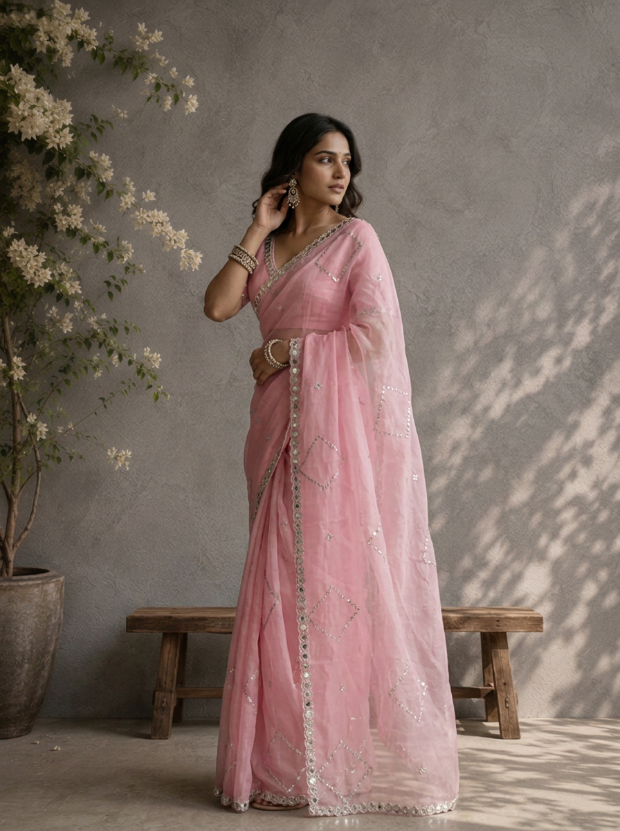 Pink Organza Geometric Jaal Mirror Embroidered Saree
