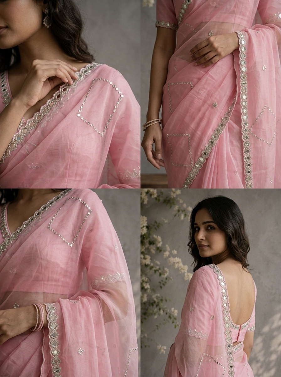 Pink Organza Geometric Jaal Mirror Embroidered Saree