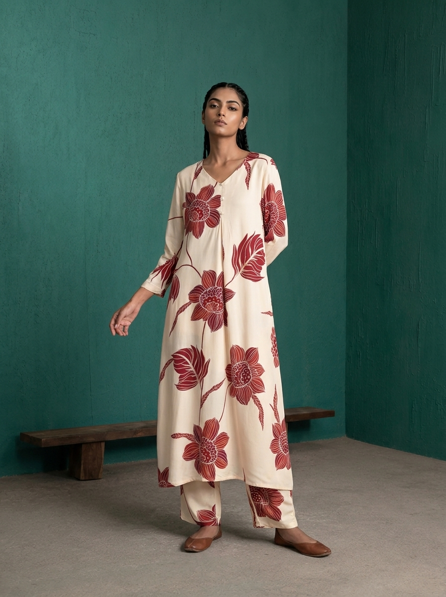 Maroon Rayon Large Botanical Floral Printed Two Piece Set