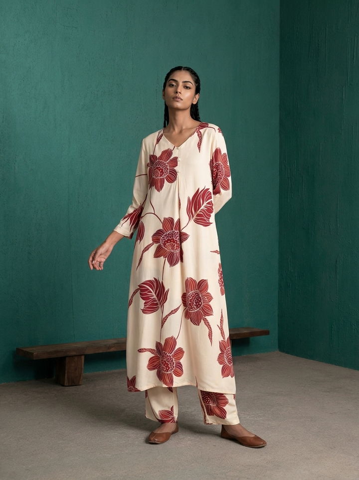 Maroon Rayon Large Botanical Floral Printed Two Piece Set