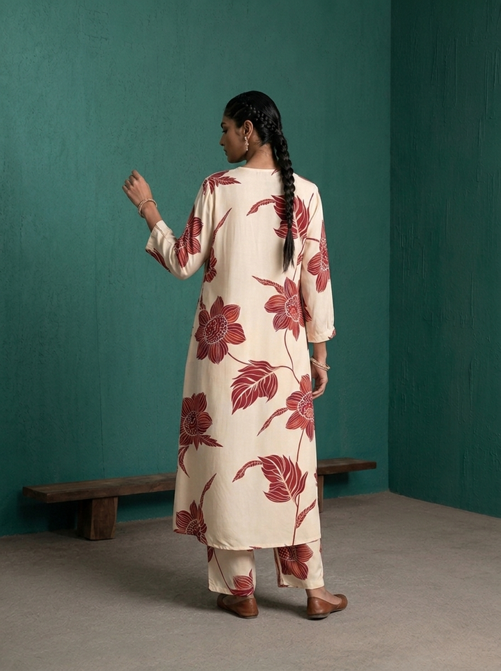 Maroon Rayon Large Botanical Floral Printed Two Piece Set