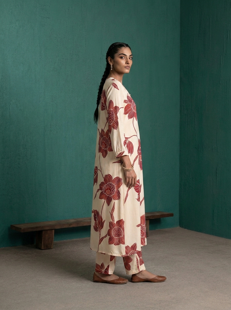 Maroon Rayon Large Botanical Floral Printed Two Piece Set