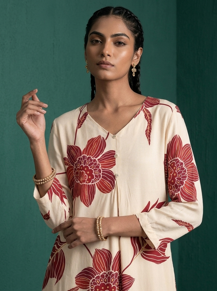 Maroon Rayon Large Botanical Floral Printed Two Piece Set
