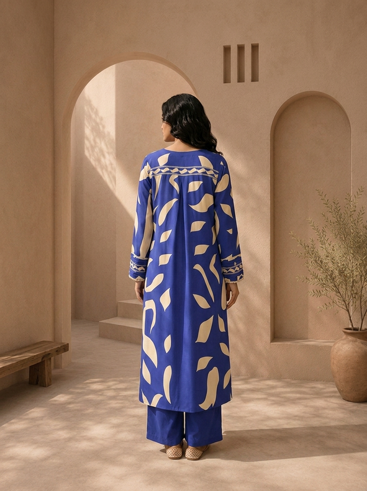 Royal Blue Rayon Abstract Leaf Printed Two Piece Set