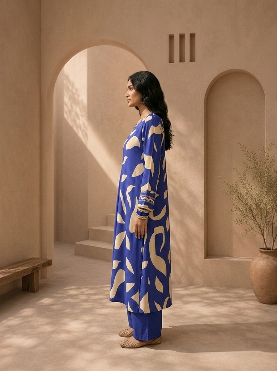 Royal Blue Rayon Abstract Leaf Printed Two Piece Set