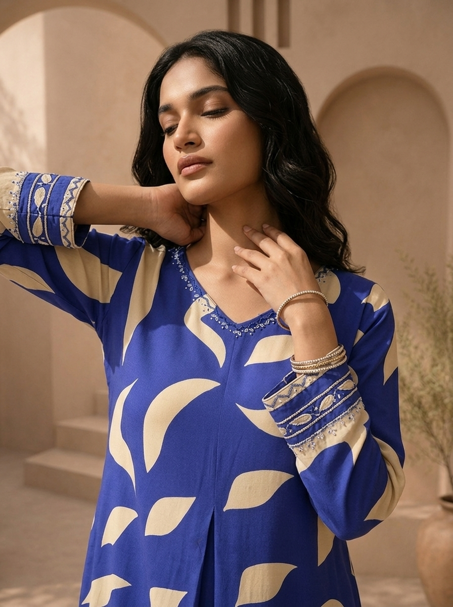 Royal Blue Rayon Abstract Leaf Printed Two Piece Set