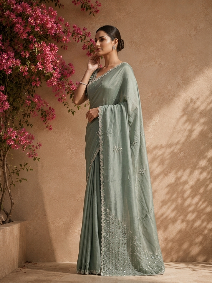 Olive Organza Scattered Stone Embroidered Saree With Scallop Border