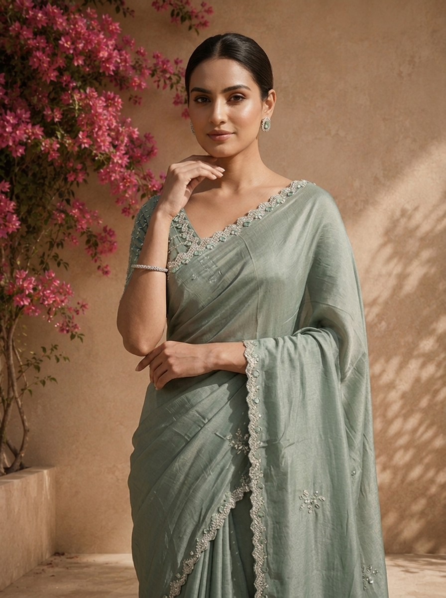Olive Organza Scattered Stone Embroidered Saree With Scallop Border