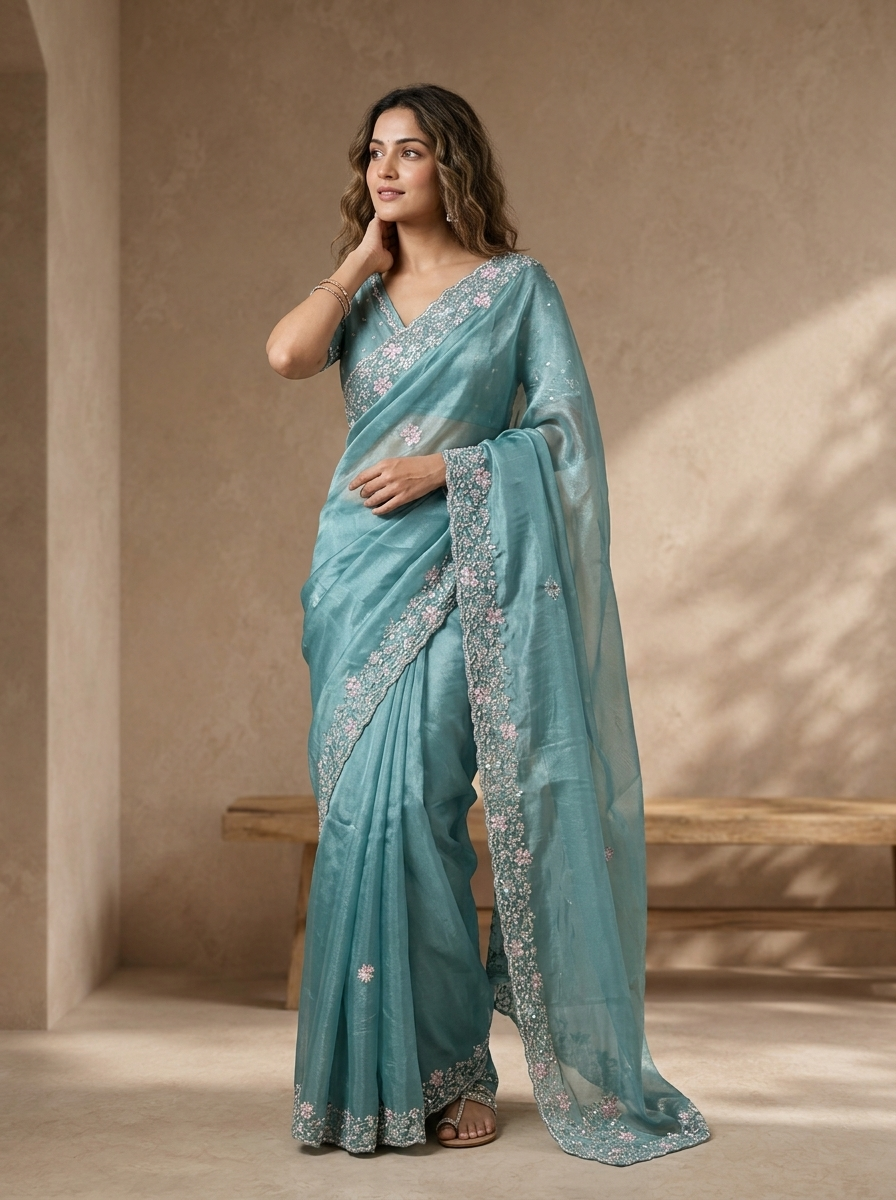 Sea Green Organza Scattered Floral Buti Embroidered Saree