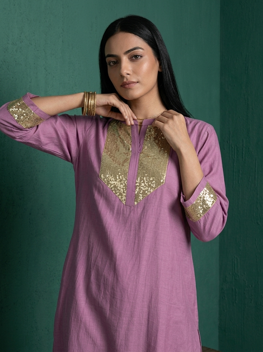 Lilac Muslin Solid With Gold Sequin Two Piece Set