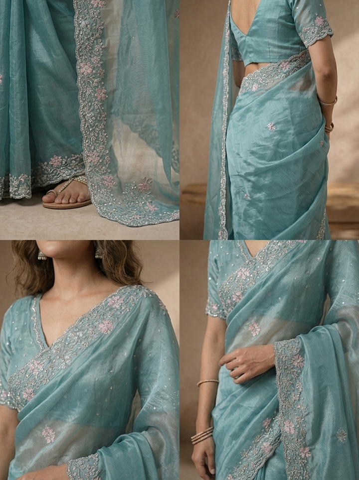 Sea Green Organza Scattered Floral Buti Embroidered Saree