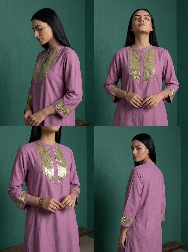 Lilac Muslin Solid With Gold Sequin Two Piece Set