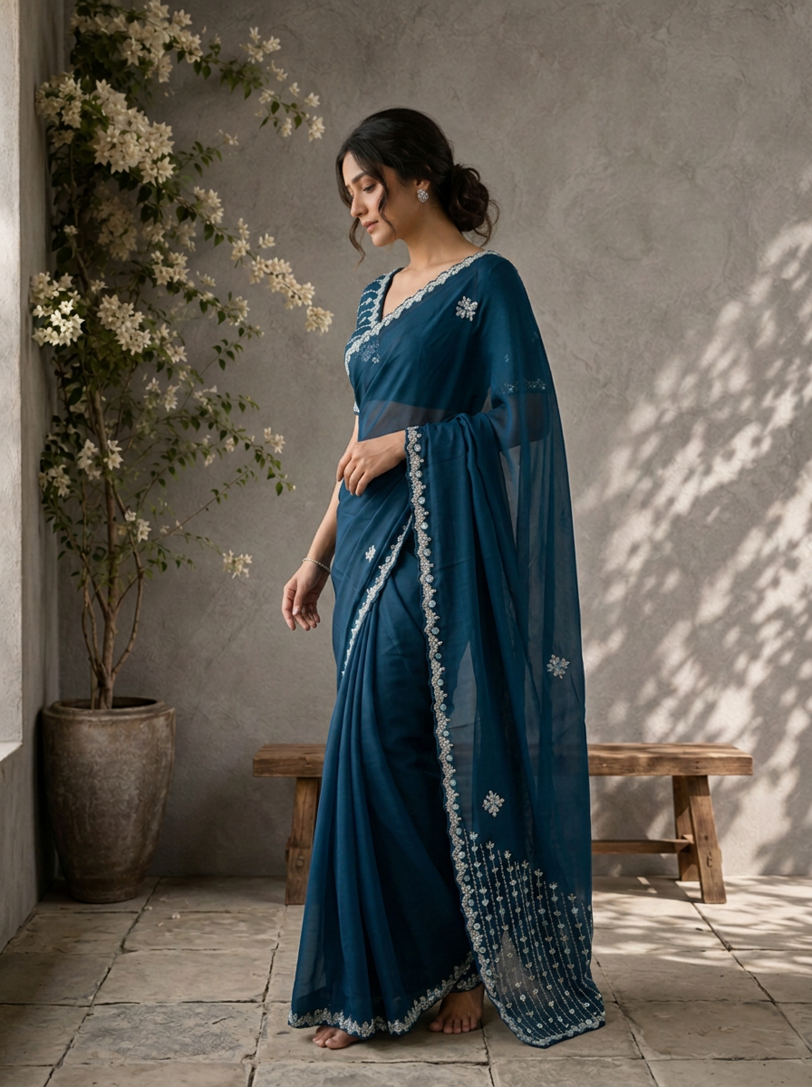 Peacock Organza Scattered Bead Embroidered Saree