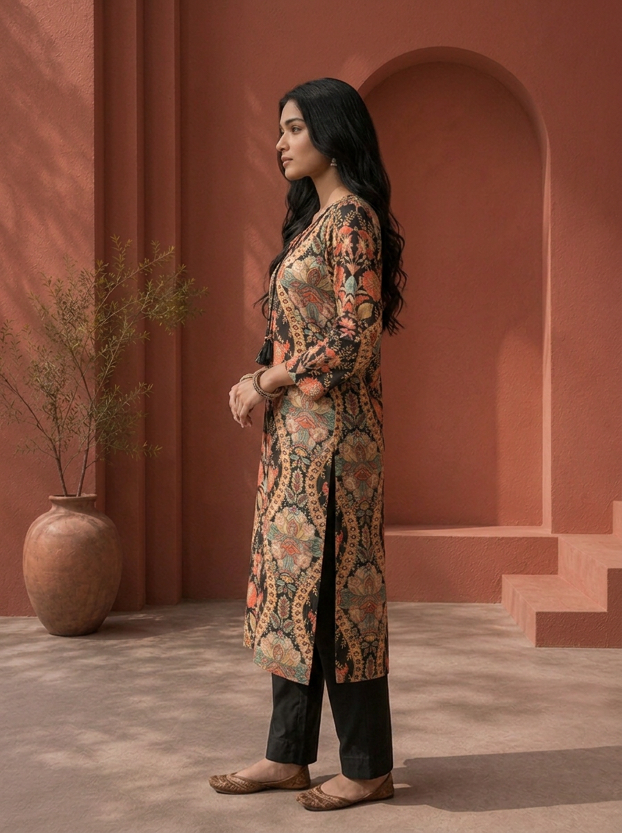 Black Muslin Multi Mughal Jaal Printed Two Piece Set