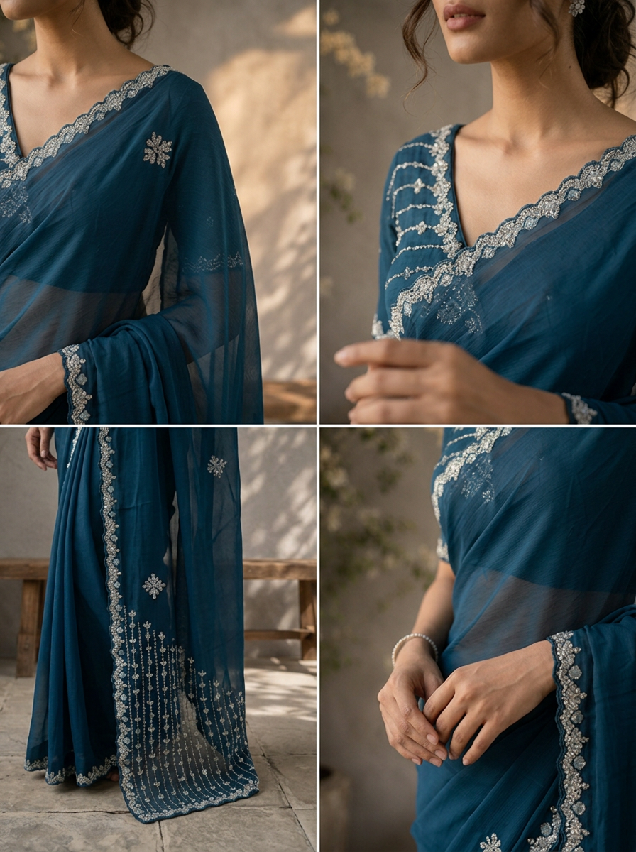 Peacock Organza Scattered Bead Embroidered Saree