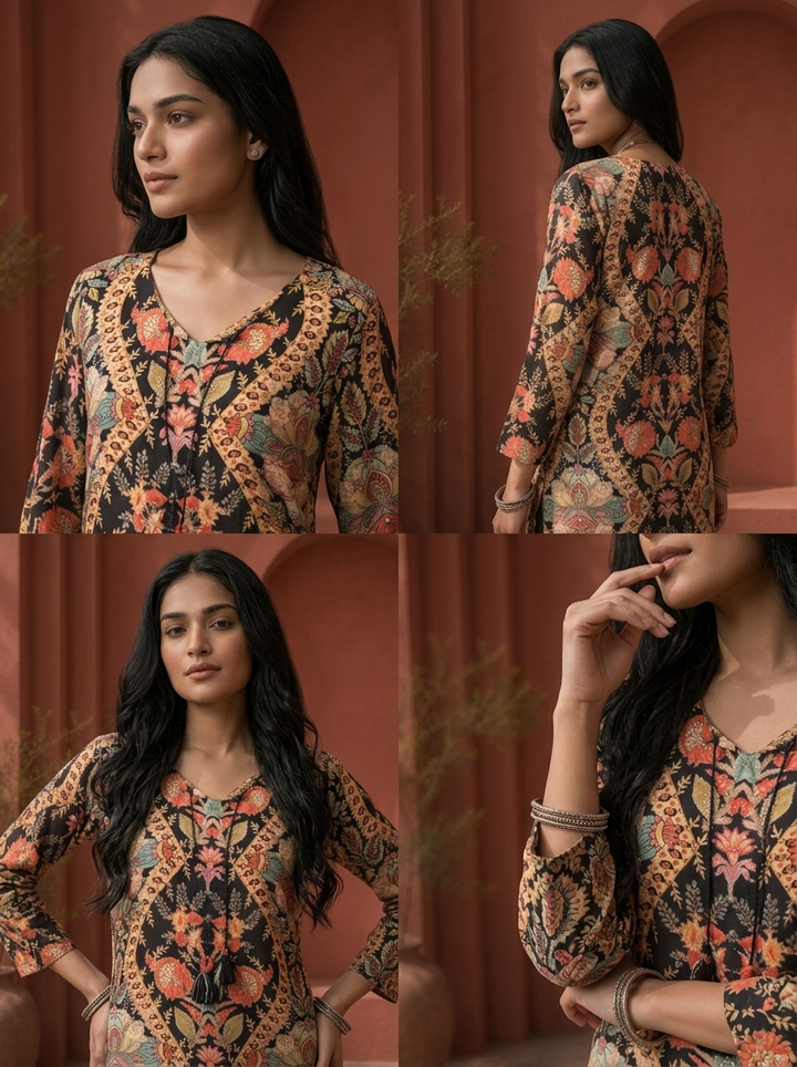 Black Muslin Multi Mughal Jaal Printed Two Piece Set