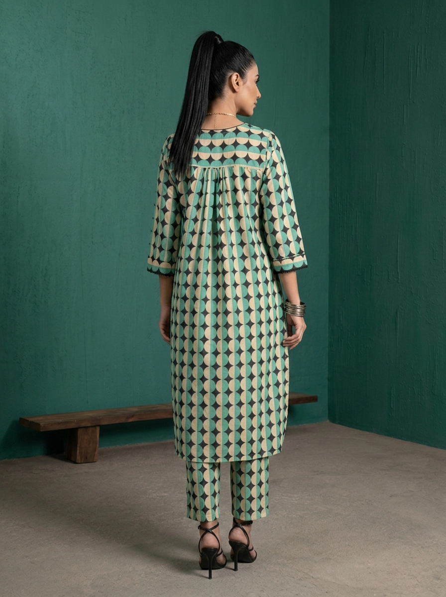 Sea Green Cotton Retro Geometric Printed Two Piece Set