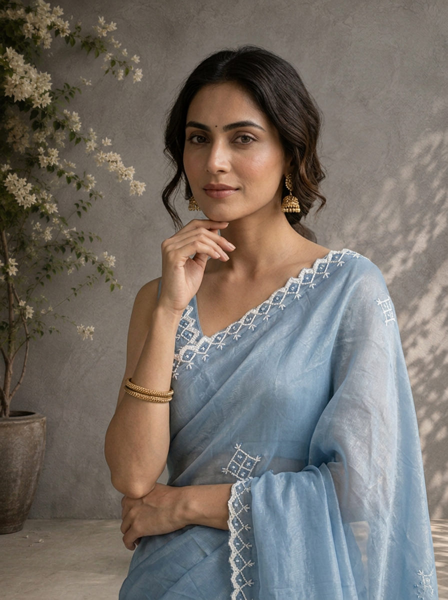 Grey Organza Geometric Thread Embroidered Saree