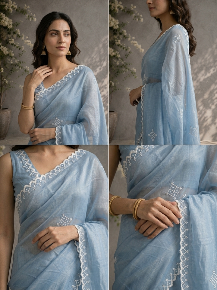Grey Organza Geometric Thread Embroidered Saree