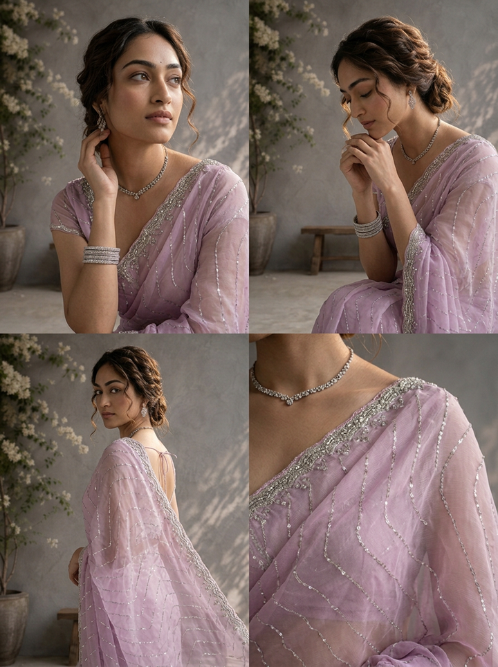 Purple Organza Sequin Embroidered Saree