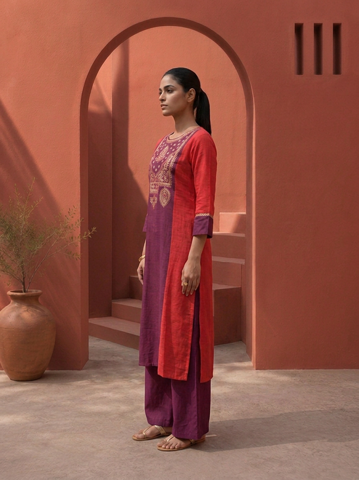 Rani Silk Solid With Color Block Embroidered Two Piece Set