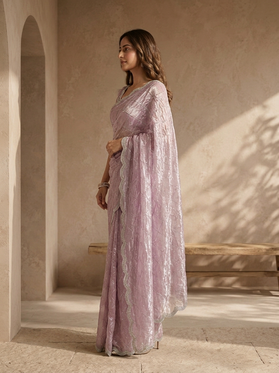 Purple Organza Checkered Sequin Jaal Embroidered Saree