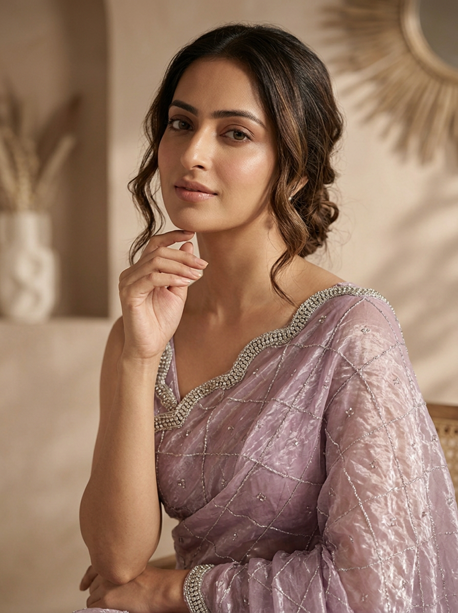 Purple Organza Checkered Sequin Jaal Embroidered Saree
