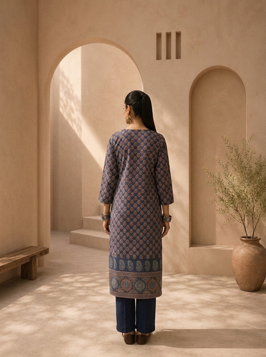 Navy Blue Cotton Ajrakh Printed Two Piece Set