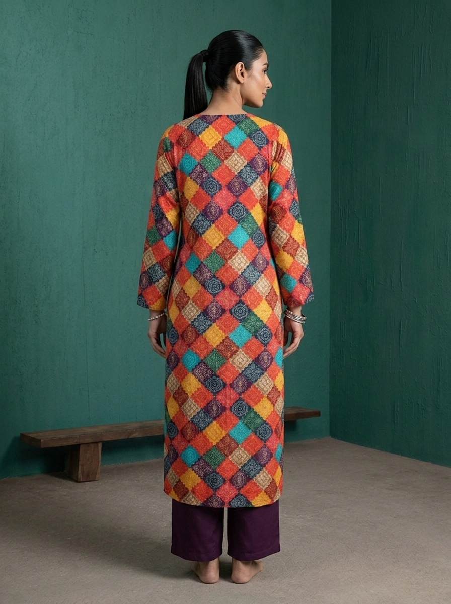 Multicolor Rayon Geometric Diamond Patchwork Printed Two Piece Set