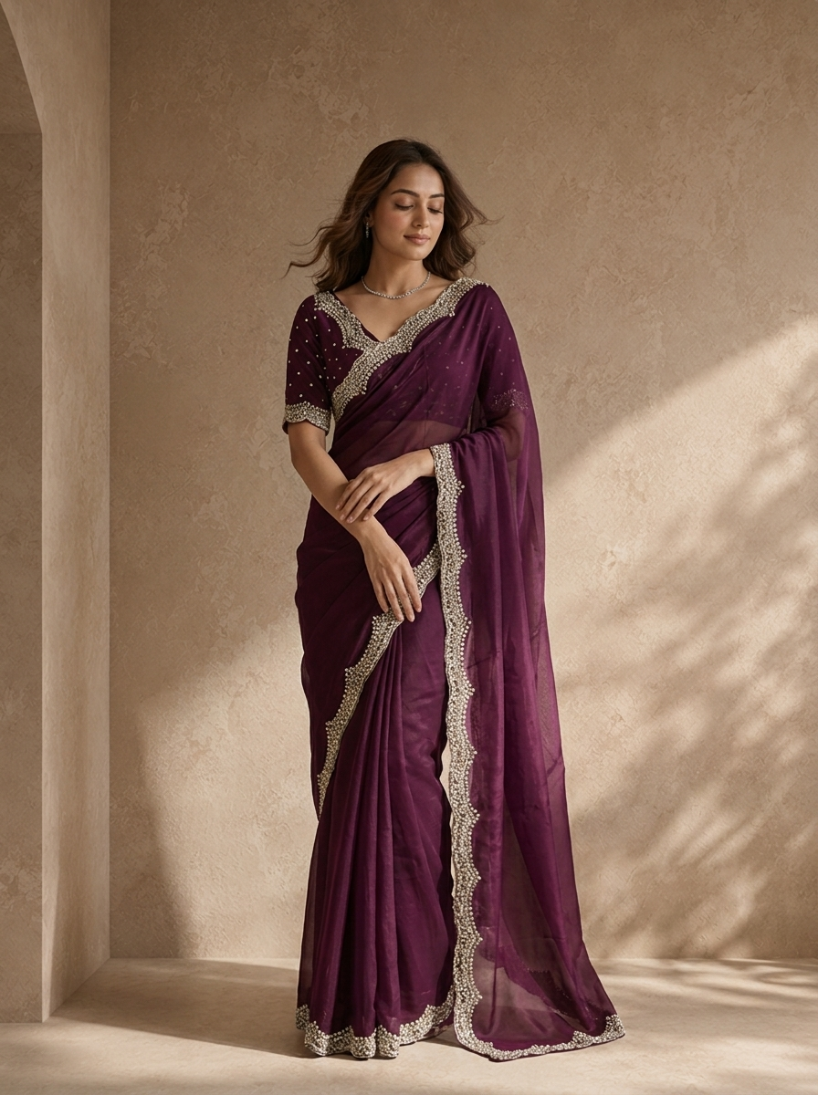 Wine Organza Solid Saree With Heavy Scallop Stone And Bead Embroidered Border