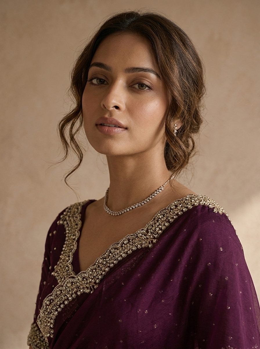 Wine Organza Solid Saree With Heavy Scallop Stone And Bead Embroidered Border