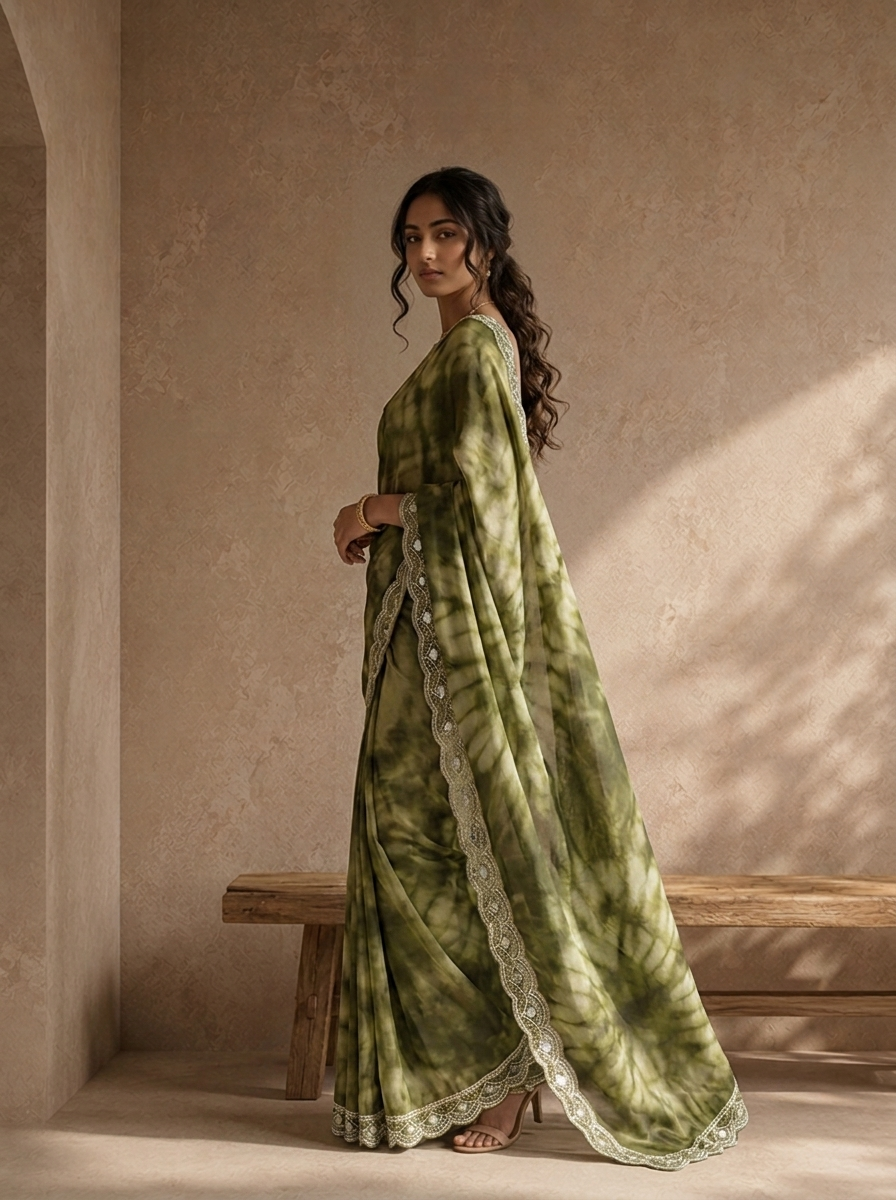 Mehadi Green Organza Tie-Dye Saree With Scallop Stone Embroidered Border