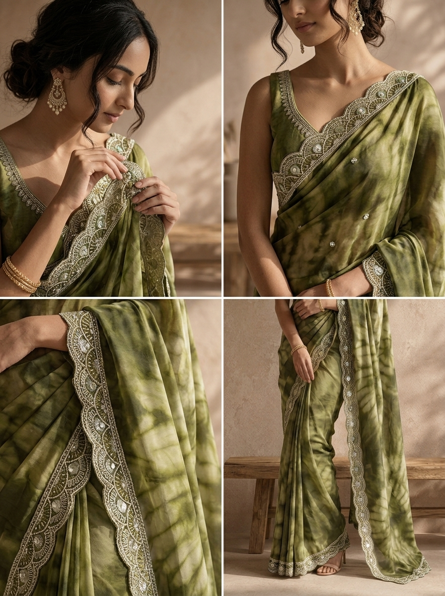 Mehadi Green Organza Tie-Dye Saree With Scallop Stone Embroidered Border