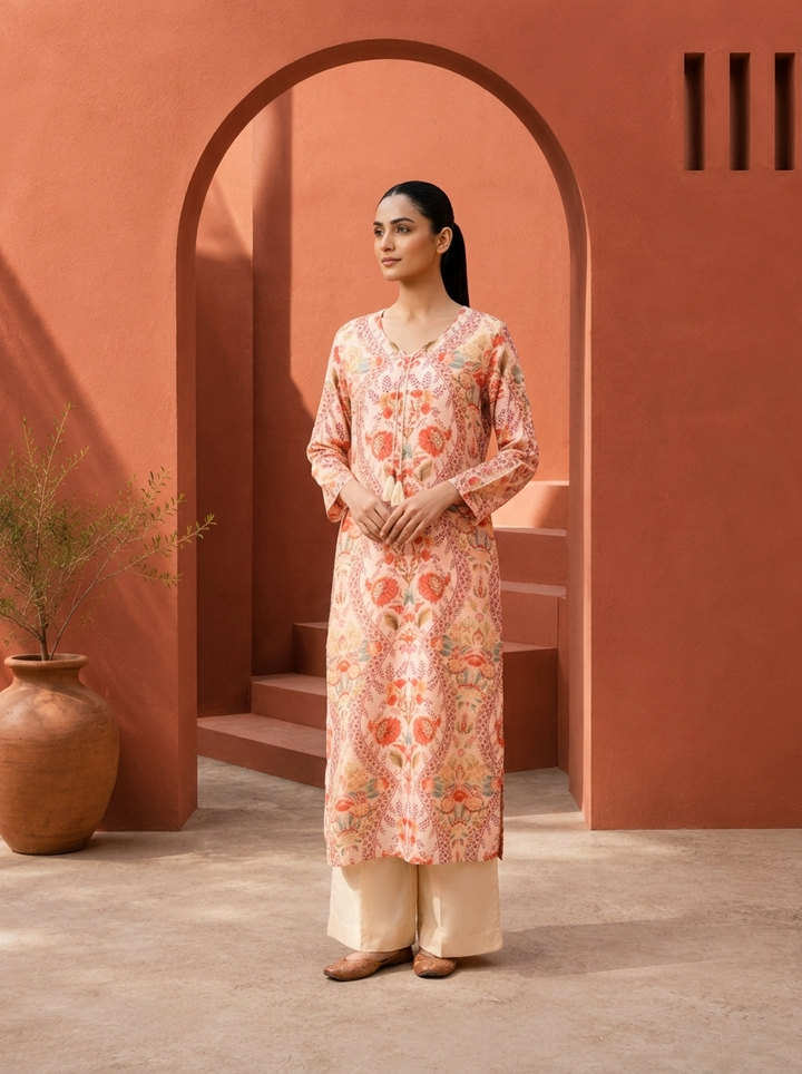 Cream Muslin Digital Mughal Floral Jaali Printed Two Piece Set