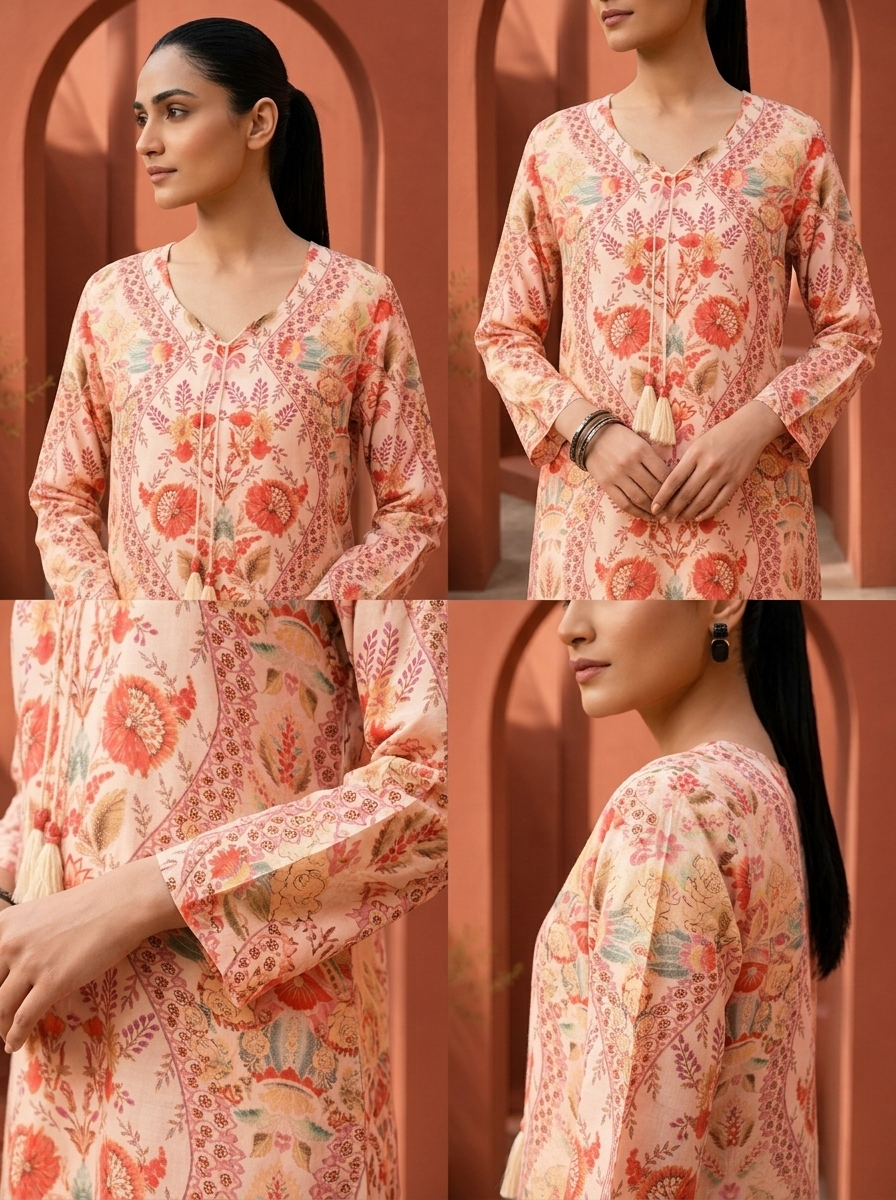 Cream Muslin Digital Mughal Floral Jaali Printed Two Piece Set