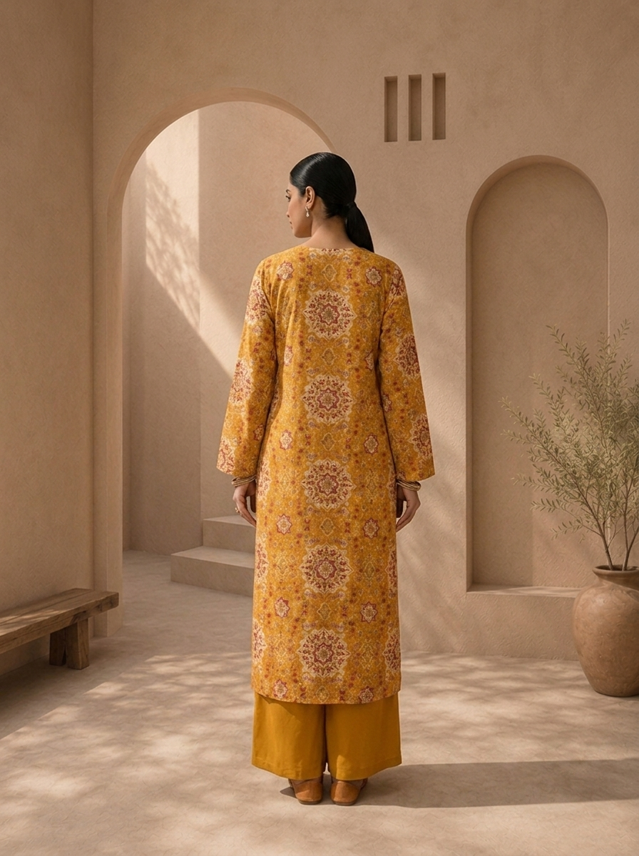 Mustard Rayon Mughal Jaali Digital Printed Two Piece Set