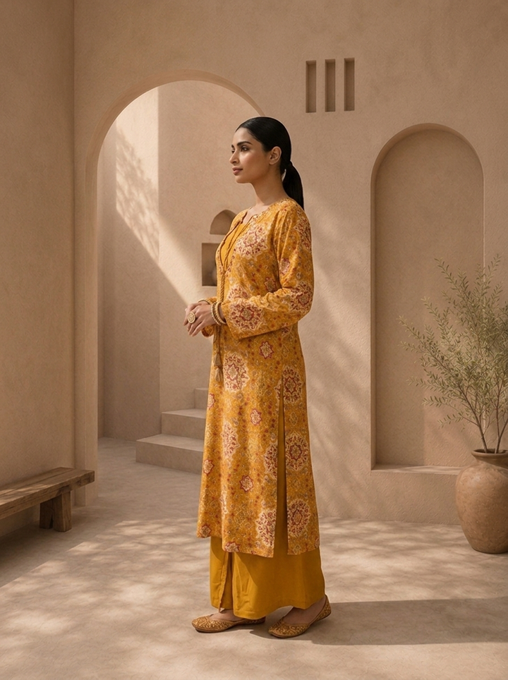 Mustard Rayon Mughal Jaali Digital Printed Two Piece Set