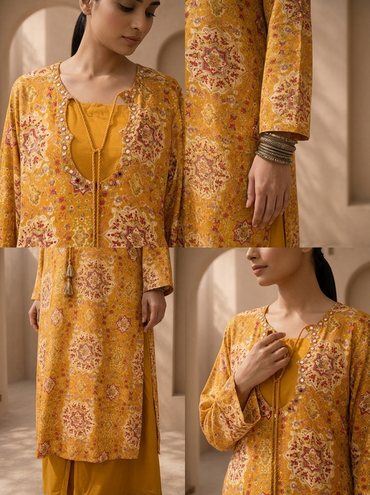 Mustard Rayon Mughal Jaali Digital Printed Two Piece Set
