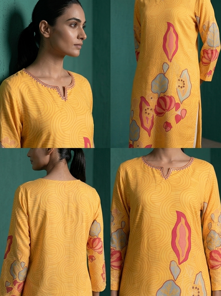 Mustard Rayon Abstract Lotus Wave Printed Kurta