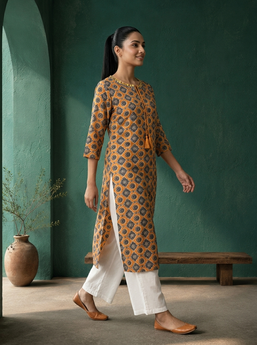 Rust Rayon Ajrakh Geometric Printed Kurta