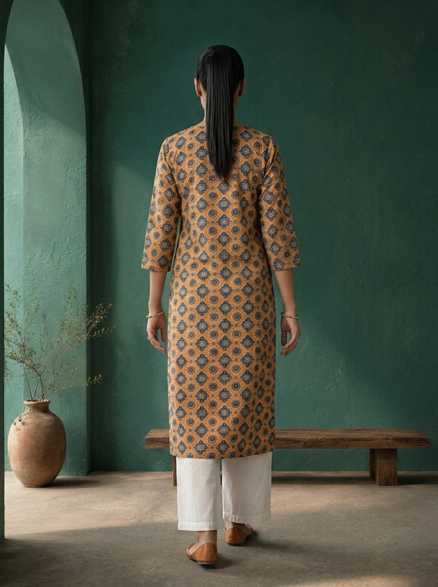 Rust Rayon Ajrakh Geometric Printed Kurta